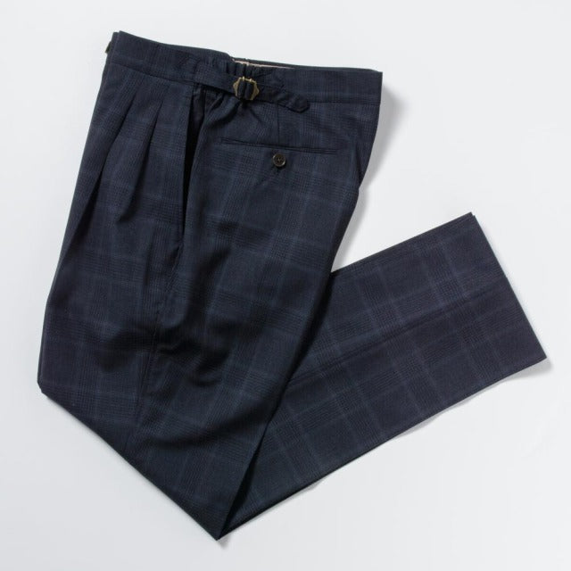 2tuck　Regular Model　【BCMG94-12】　NAVY　tropical check　W100%　 CANONICO Super120S　裾未処理品 【春夏秋商品】